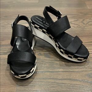 Kelly & Katie Black Sz 9 Leather Strap & Cream Poliana Espadrille Wedge Sandal